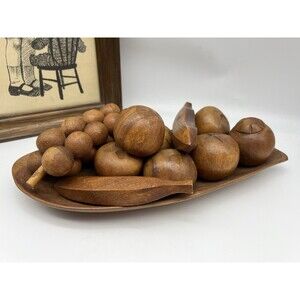 VTG MCM 11 pc Hand Carved Wooden Monkey Pod Leaf Bowl w/Fruit Alii Woods Hawaii